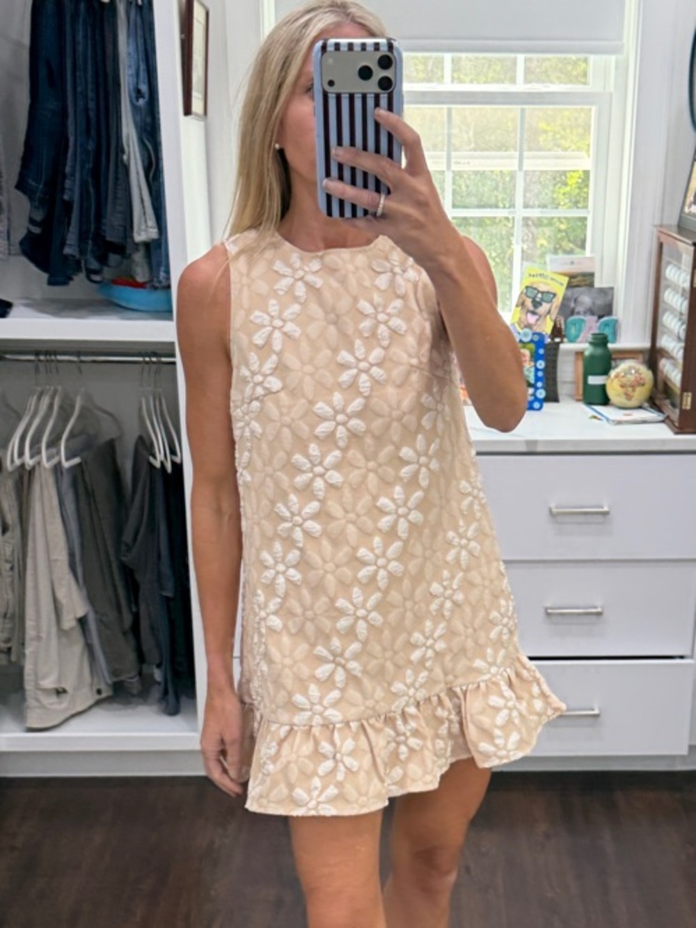 Amazon Beige Floral Eyelet Ruffle-Hem Mini Dress